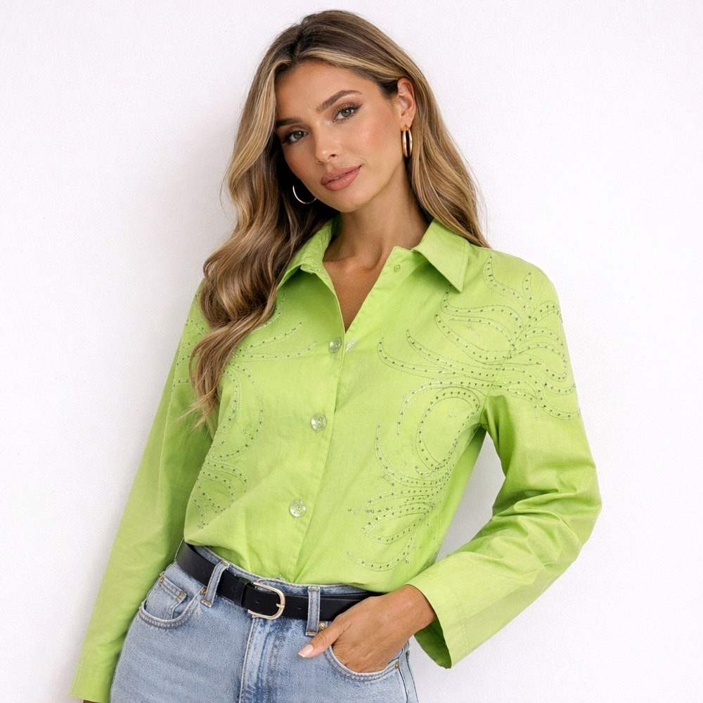 Morgan Cole Jacket M Blouse Top Chartreuse Embellished Artsy Edgy Missing Button